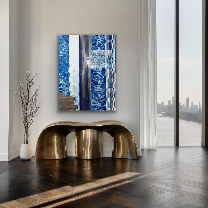 Mirrored Strength - A couple energy portrait by Layla Messner A large scale abstract expressionist acrylic painting featuring wood grain motif in white, dark blue, and, tin, in front of a metal console.