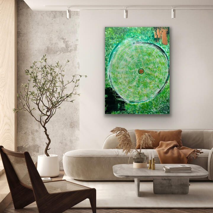 Forest Bathing painting by Layla Messner A green painting, an abstract representation of tree rings, acrylic on canvas by autistic artist Layla Messner. Canmore, Alberta, Canada.