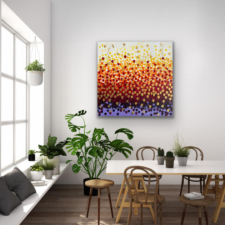 Mirrored Strength - A couple energy portrait by Layla Messner A large scale abstract expressionist acrylic painting featuring wood grain motif in white, dark blue, and, tin, in front of a metal console.