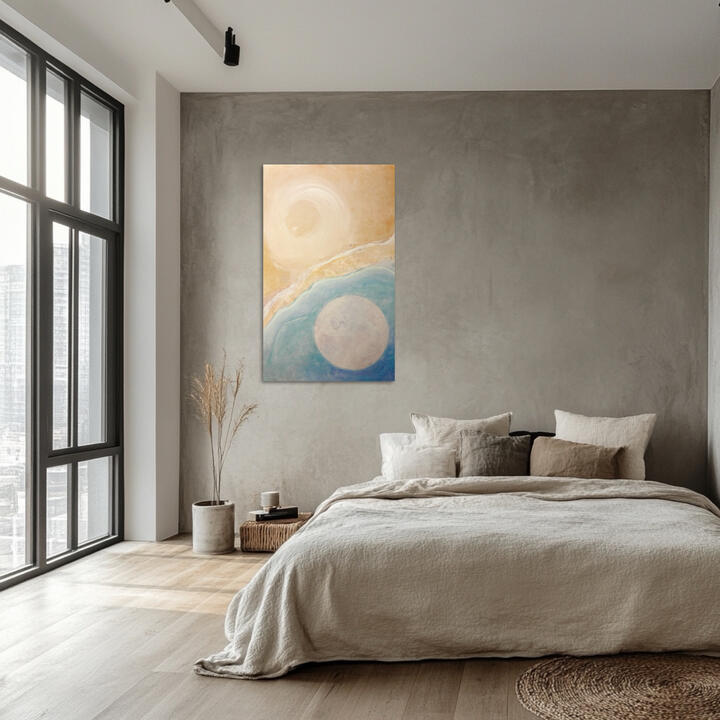 Mirrored Strength - A couple energy portrait by Layla Messner A large scale abstract expressionist acrylic painting featuring wood grain motif in white, dark blue, and, tin, in front of a metal console.